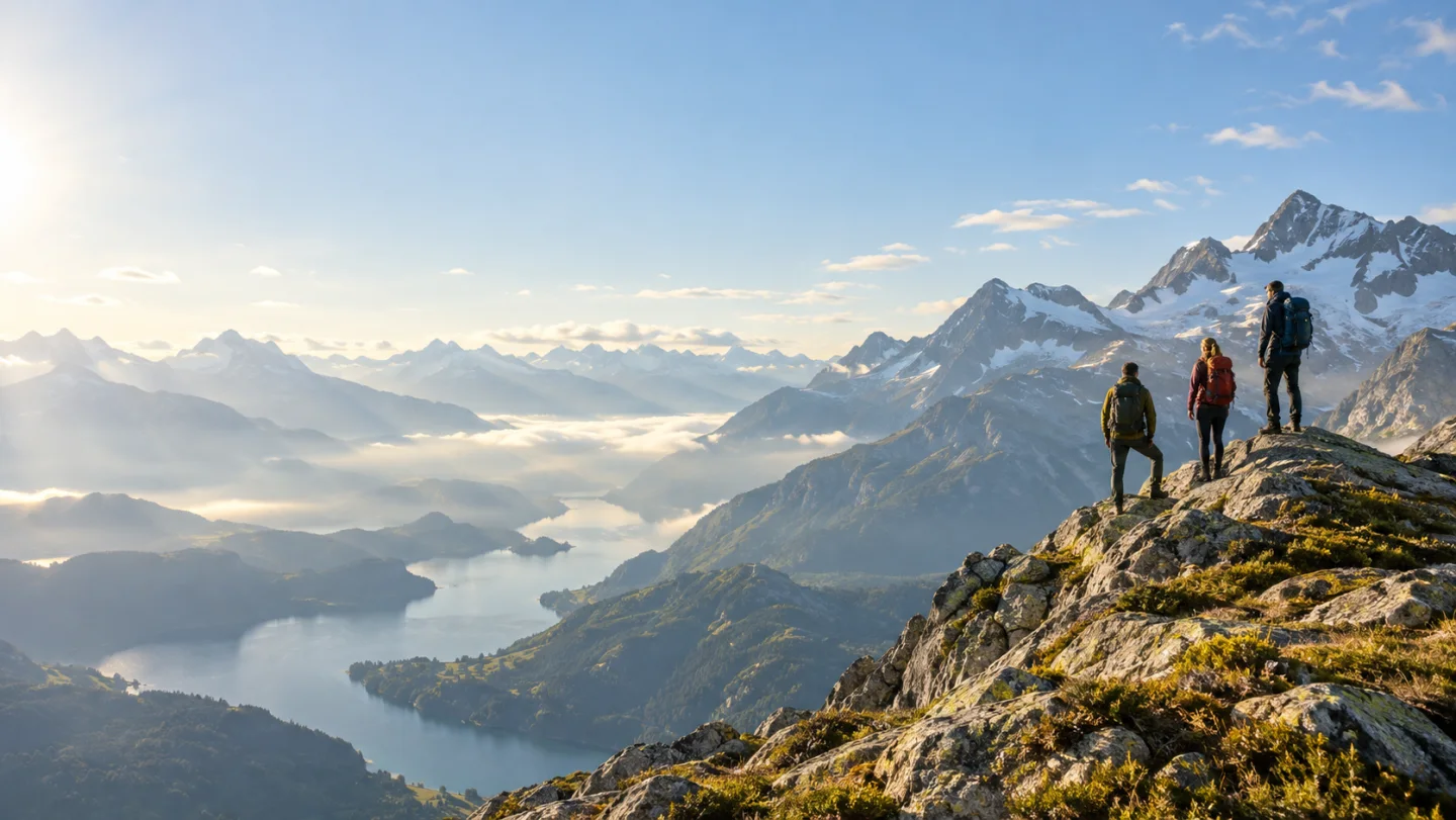 Team hiking through mountain terrain